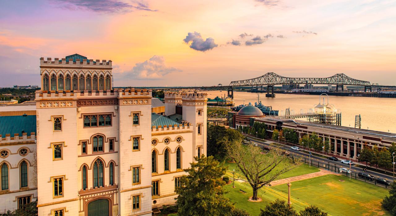 The Old State Capitol and Riverfront Plaza at sunset 