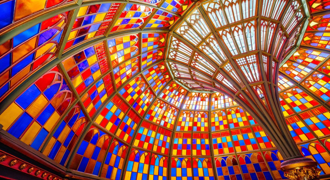 Vibrant stained glass decorates the Old State Capitol