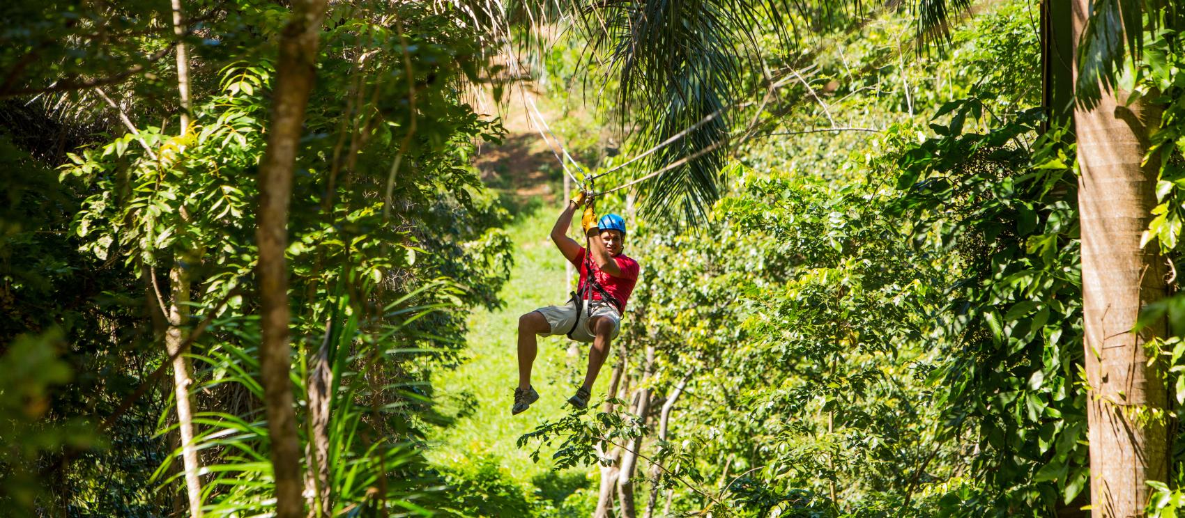 蔥鬱山區狹窄樹廊的刺激滑索體驗
