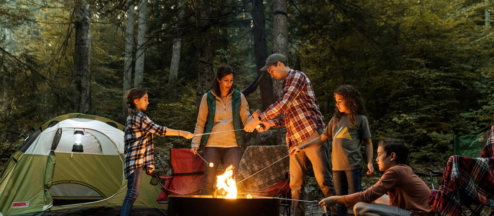 Making s'mores around the fire on a family camping trip at Audra State Park Making s'mores around the fire on a family camping trip at Audra State Park