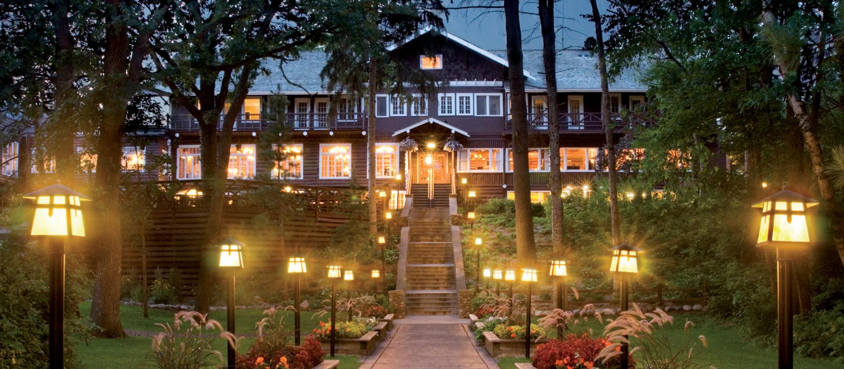 A peaceful night at the Grand View Lodge Spa and Golf Resort, a historic lakefront property
