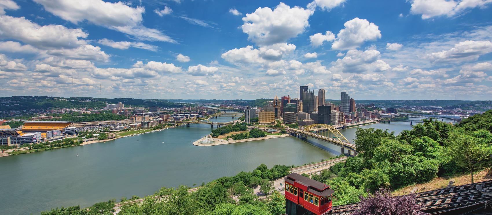 Expansive views of Pittsburgh, its rivers and bridges and the Duquesne Incline
