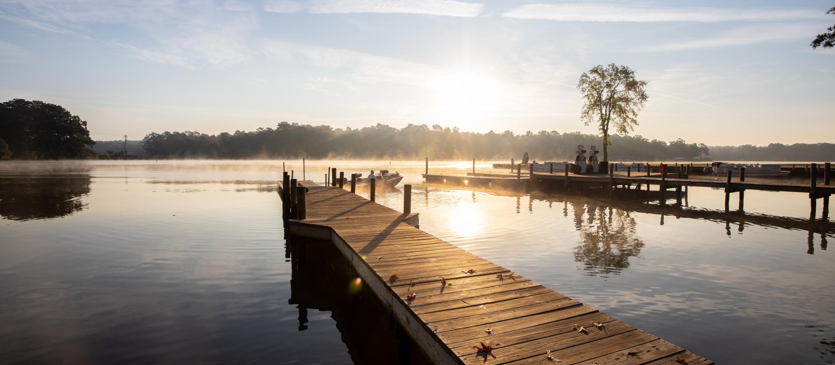 Docks stretching out over Lake Sinclair in Milledgeville