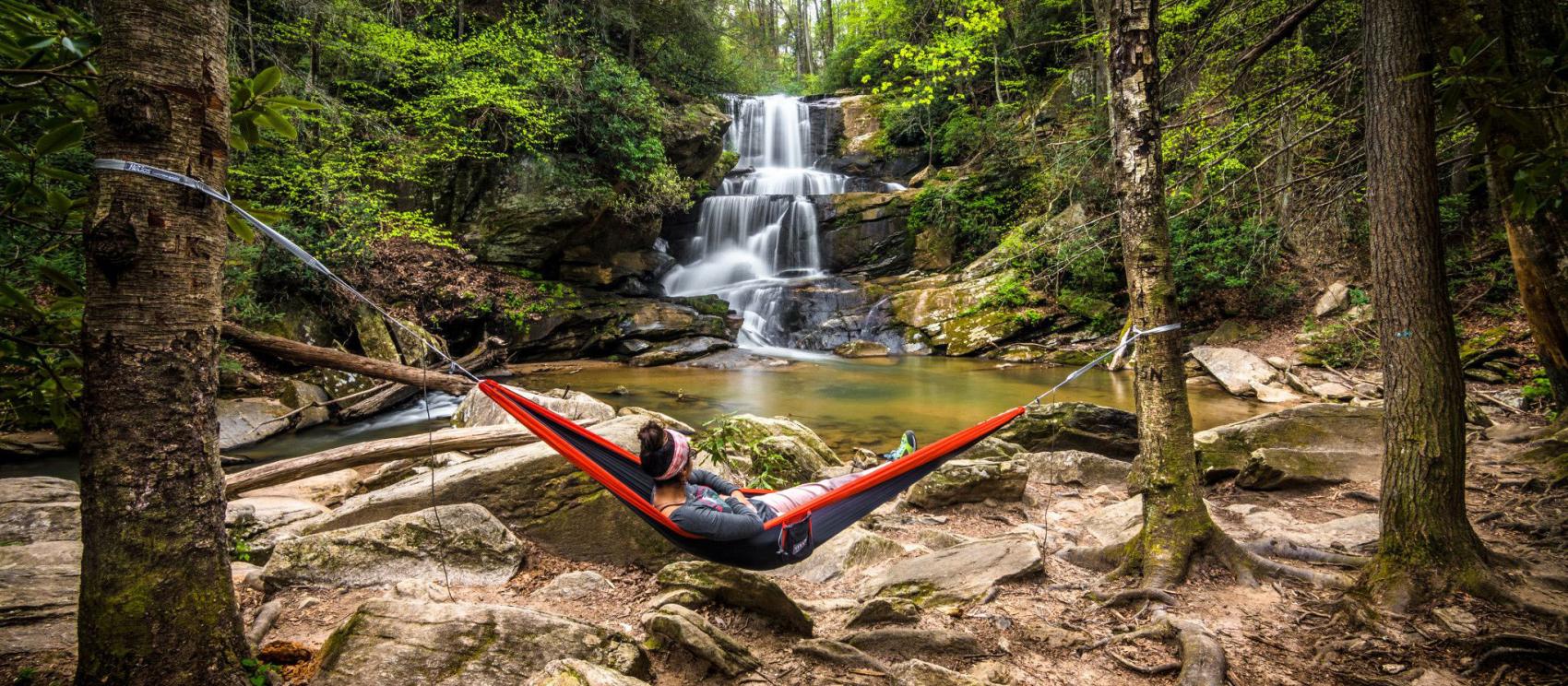 Appreciating the view from a hammock after hiking to Little Bradley Falls in Saluda