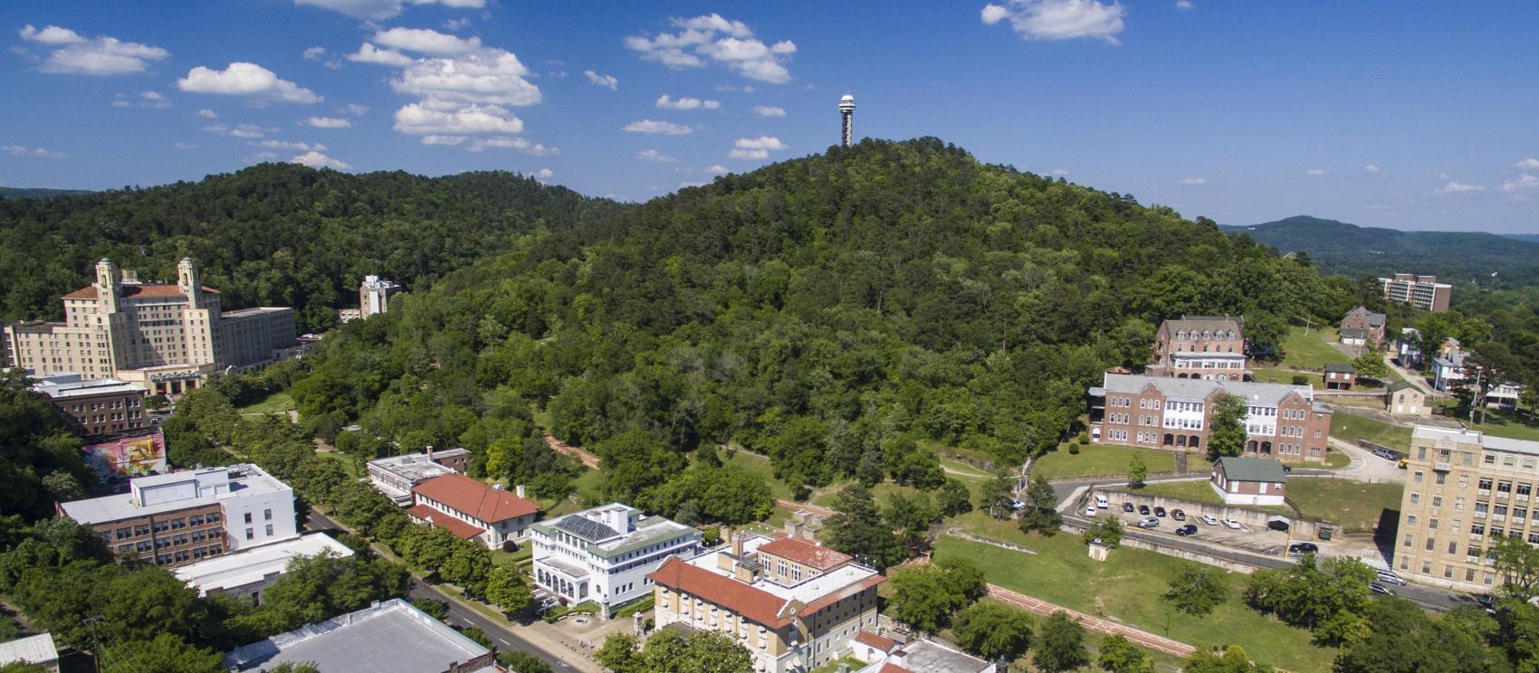 Aerial view of Bathhouse Row and other historic buildings in Hot Springs National Park Aerial view of Bathhouse Row and other historic buildings in Hot Springs National Park