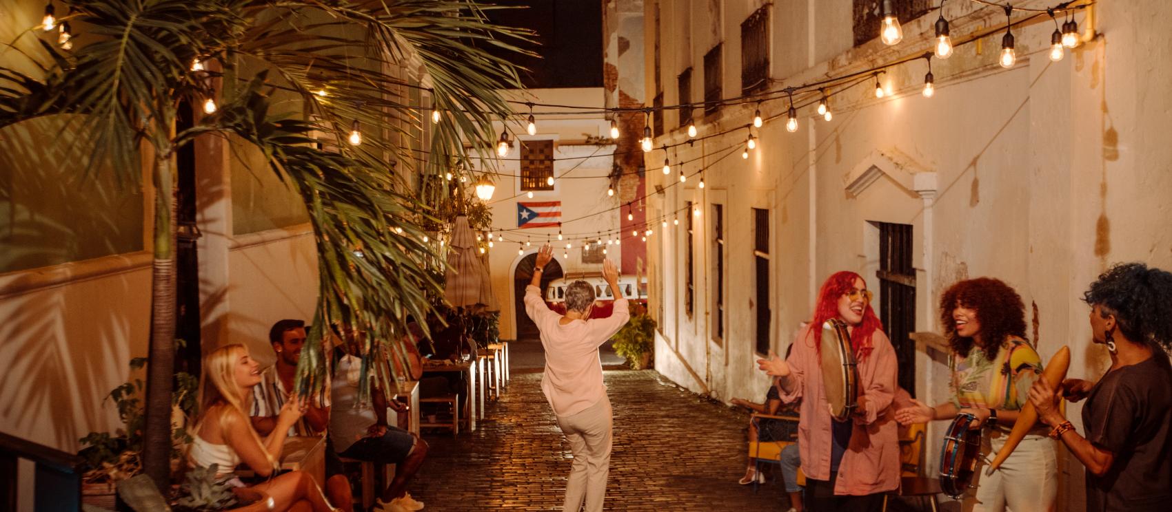 Dancing down a charming San Juan street 