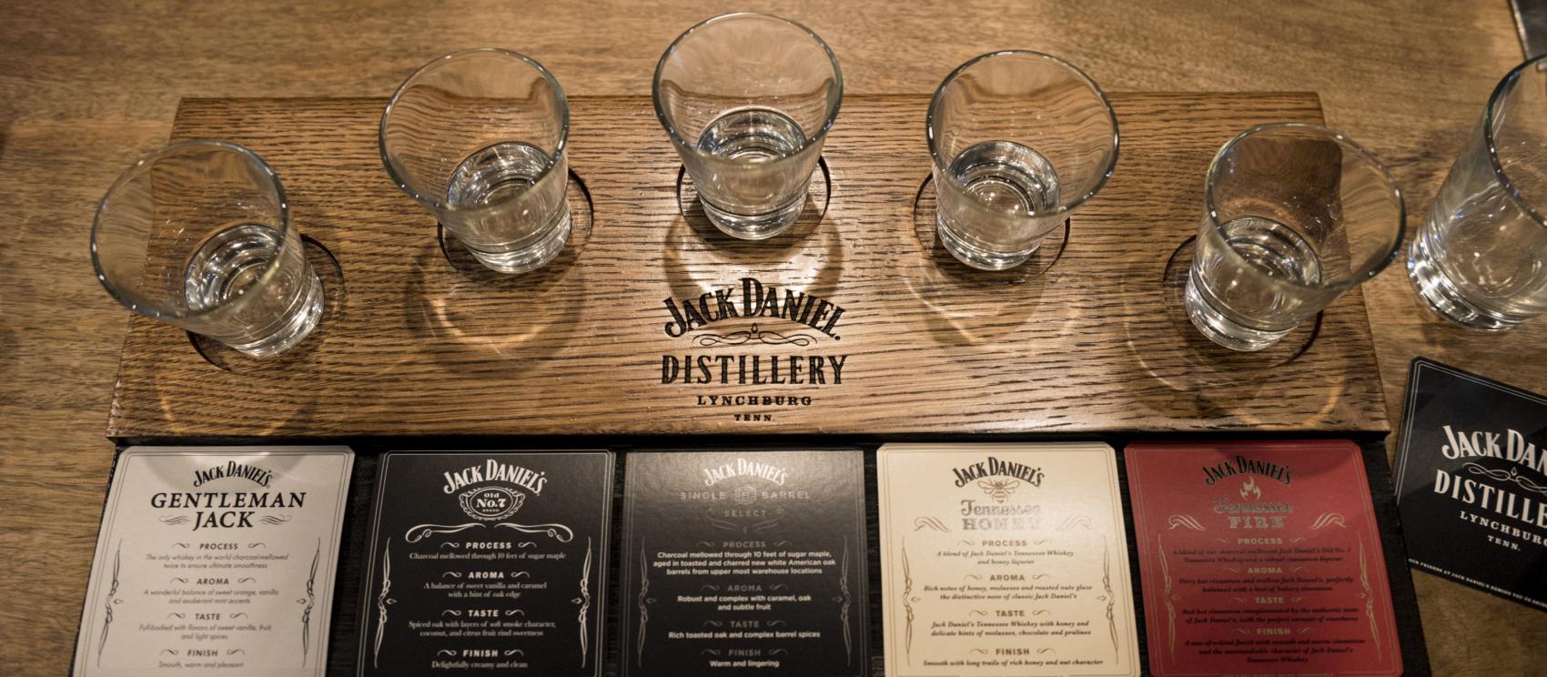 A variety of Tennessee whiskeys set up for a tasting at Jack Daniel's Distillery in Lynchburg