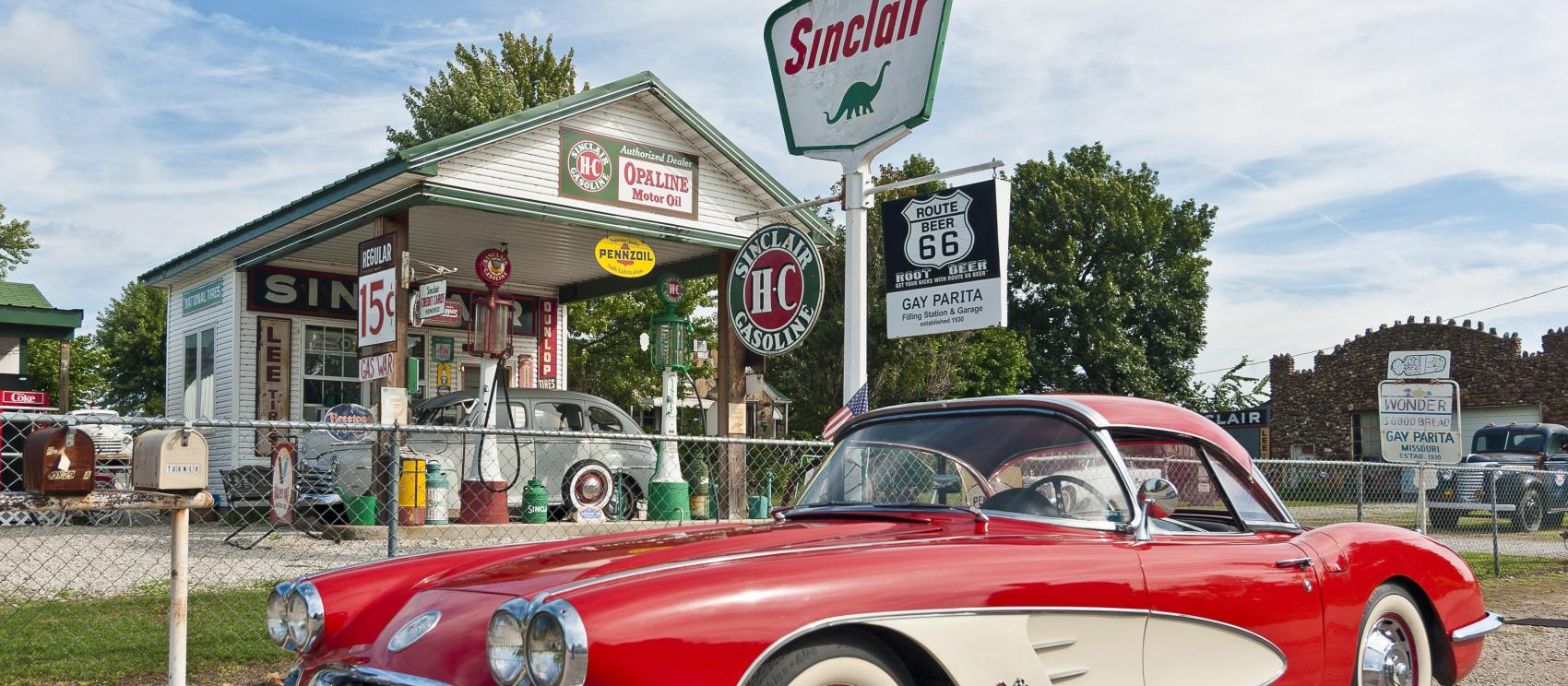 Route 66 nostalgia at Gary’s Gay Parita, a recreated 1930s gas station in Ash Grove