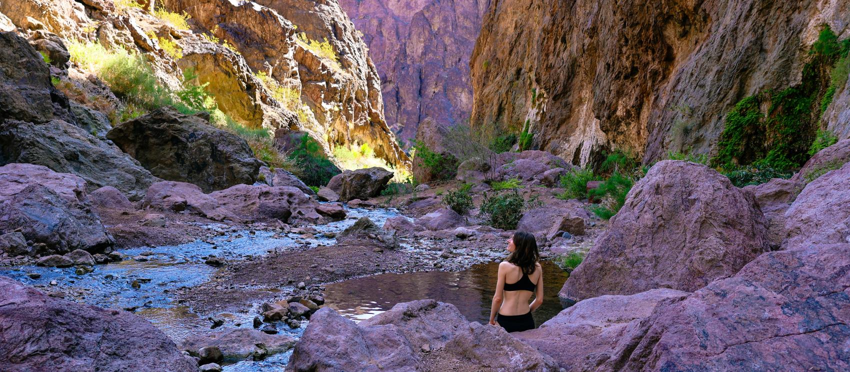Expansive views of Gold Strike Canyon from a natural soaking pool at Gold Strike Hot Springs Expansive views of Gold Strike Canyon from a natural soaking pool at Gold Strike Hot Springs